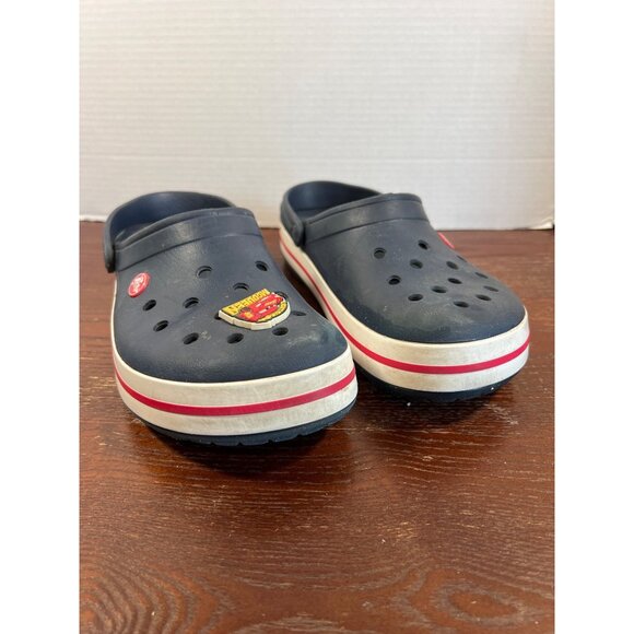 Crocs Lightning McQueen Navy Blue Clogs With Red & White Stripe Size 10/12 - Picture 1 of 6
